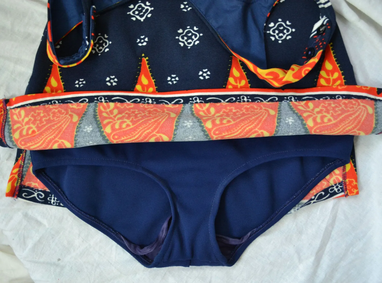 1970s Swim Suit Navy and Red Batik Print