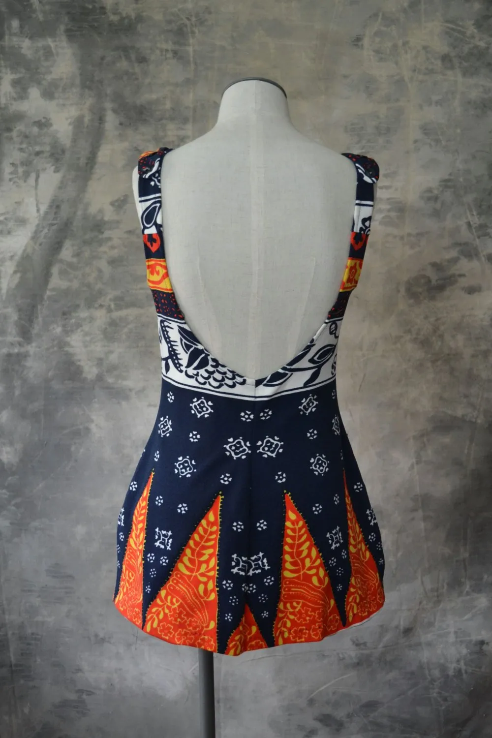 1970s Swim Suit Navy and Red Batik Print