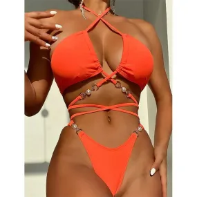 2 pieces swimwear women orange hobo bathing suit pearl bikini