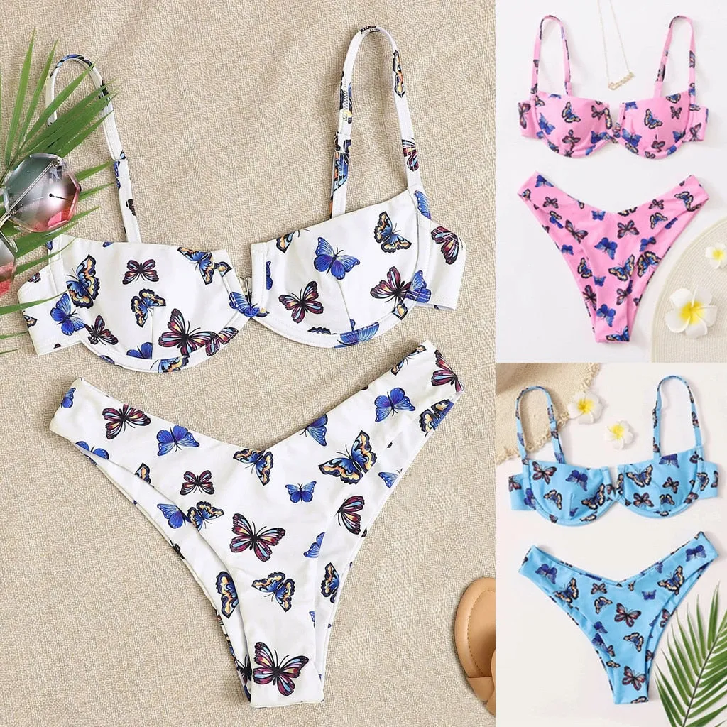 2021 Women's Butterfly Print Bikini Set Two Pieces Swimwear One Shoulder Sizes S - L