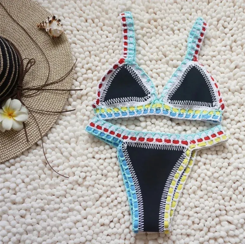 2024 New Boho Hand-Woven Bikini Women Sexy Knit Bikini Up Push Swimsuit Swimming Bathing Spa Resort Summer Beach Pool Swimwear