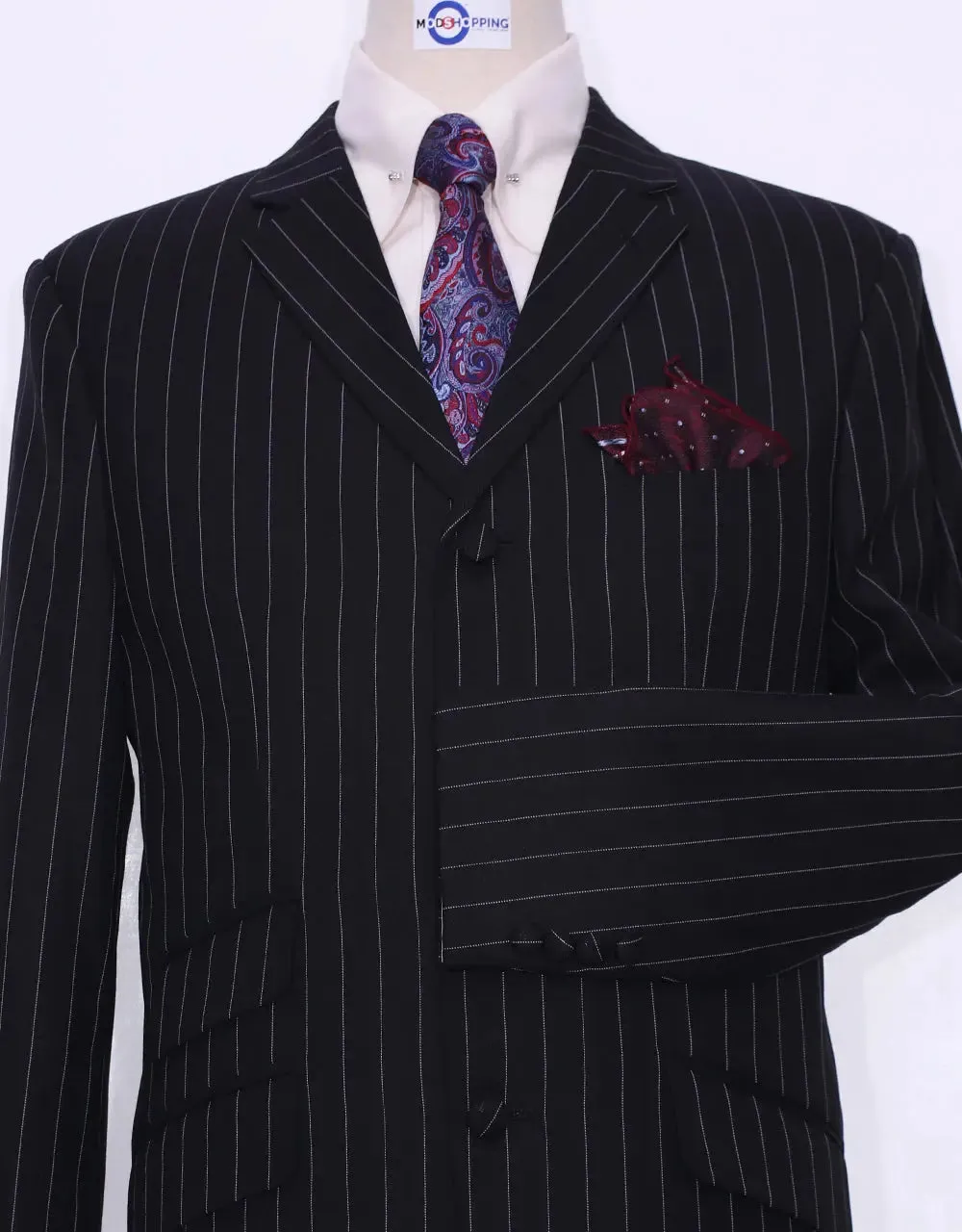 4 Button Suit - Black and White Pinstripe Suit