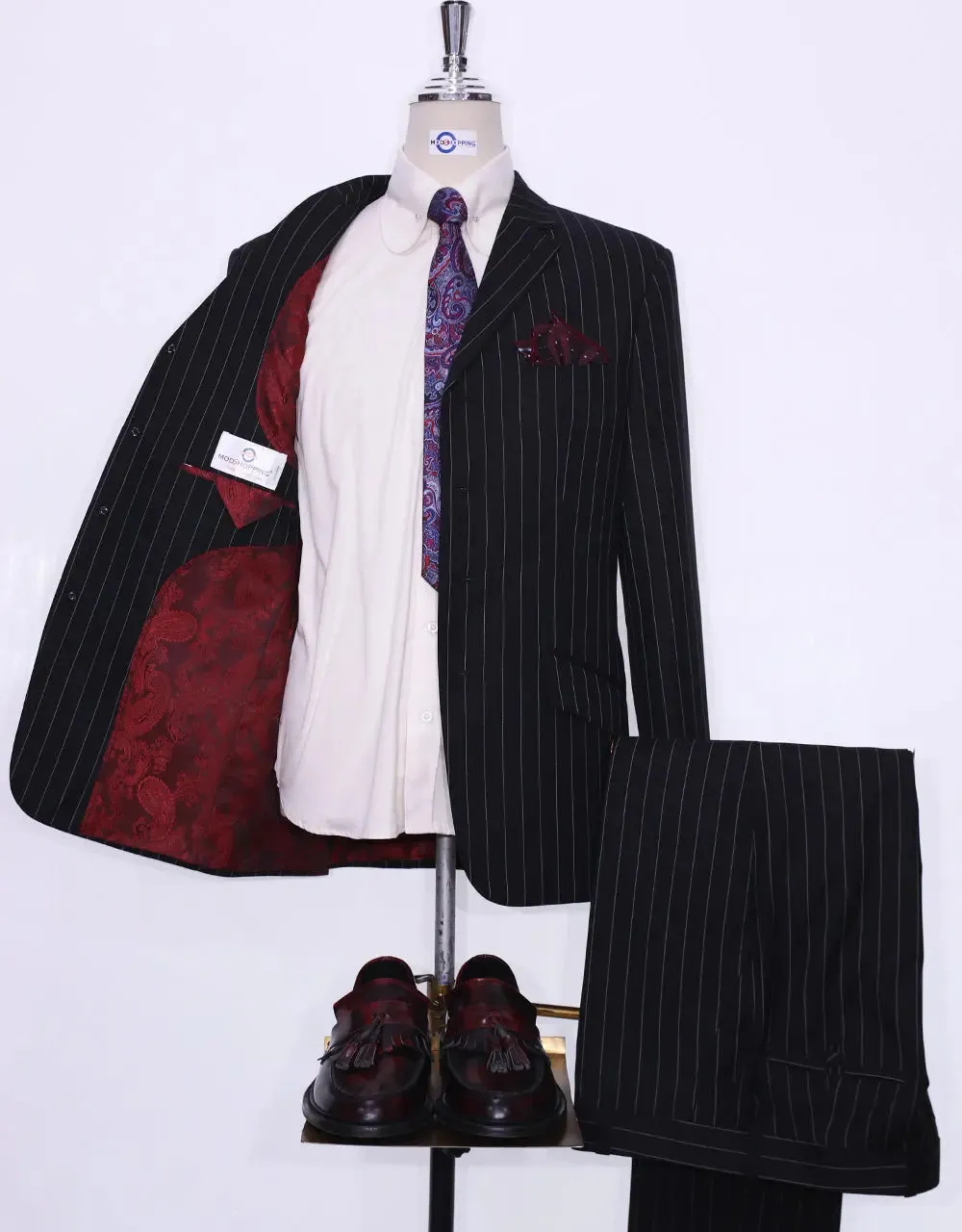 4 Button Suit - Black and White Pinstripe Suit