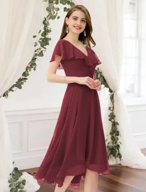 A-Line Bridesmaid Dress V Neck Short Sleeve Elegant Knee Length Chiffon with Pleats Ruffles