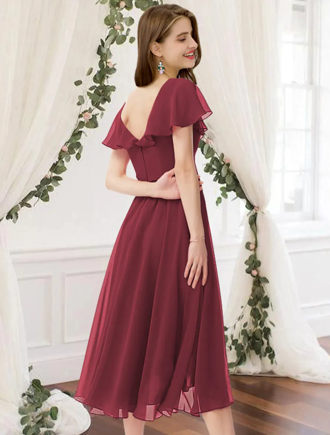 A-Line Bridesmaid Dress V Neck Short Sleeve Elegant Knee Length Chiffon with Pleats Ruffles