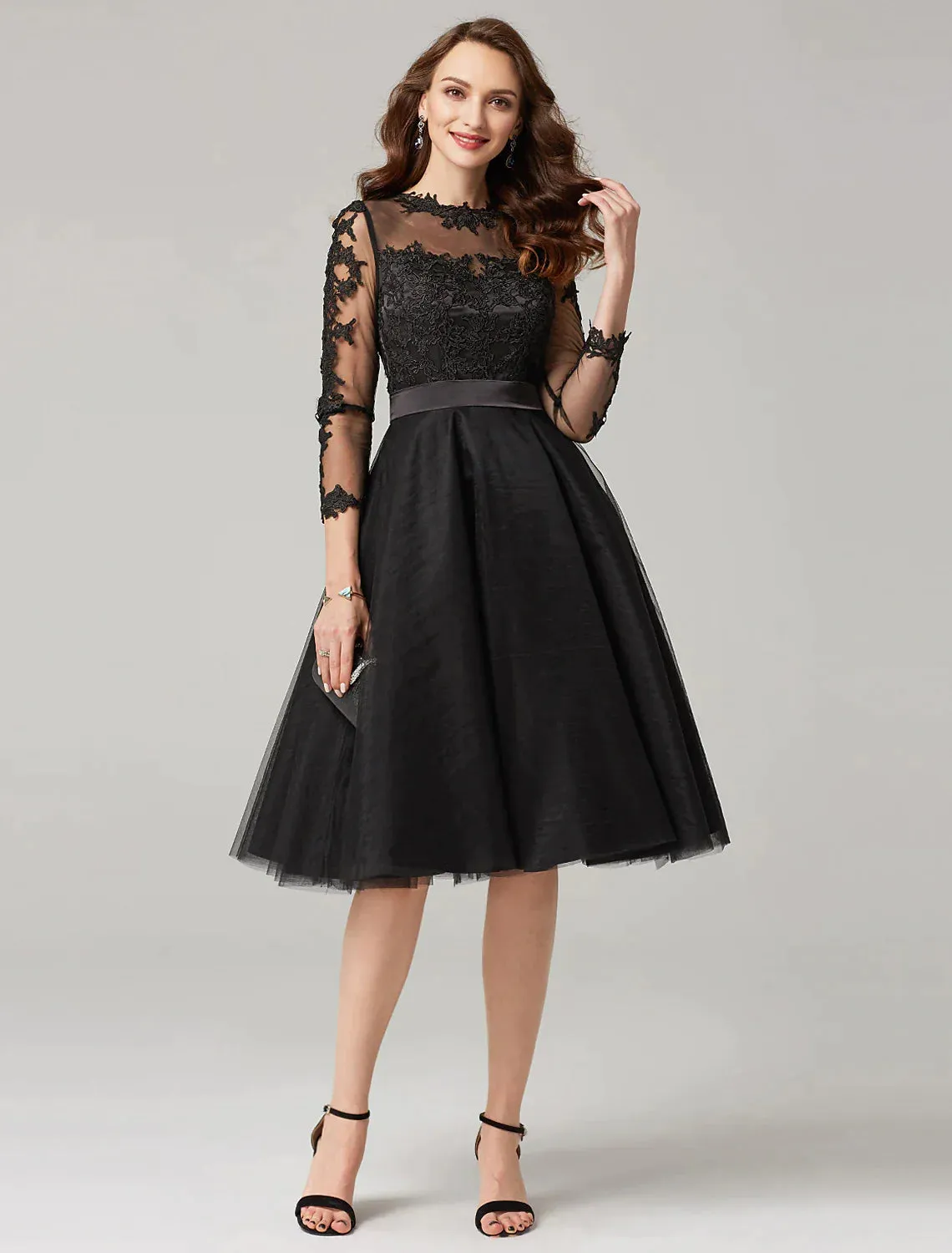 A-Line Elegant Dress Wedding Knee Length  Length Sleeve Tulle Over Lace Appliques