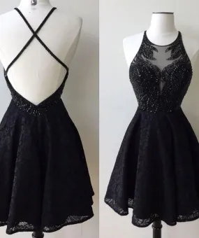 A-Line Jewel Backless Short Black Lace Homecoming Dress 2024 with Beading