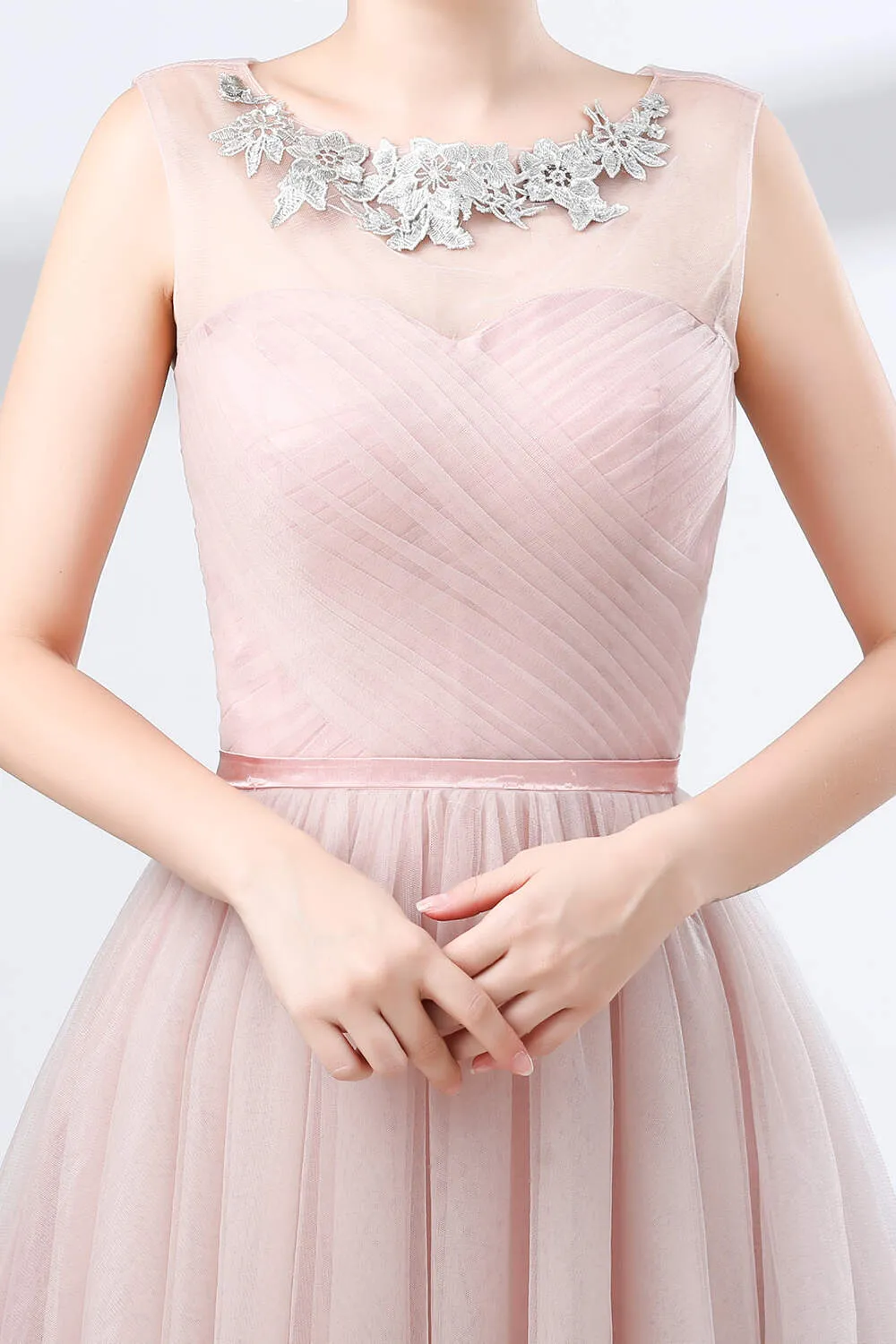 A-Line Pink Tulle Lace Pleats Knee Length Homecoming Dresses