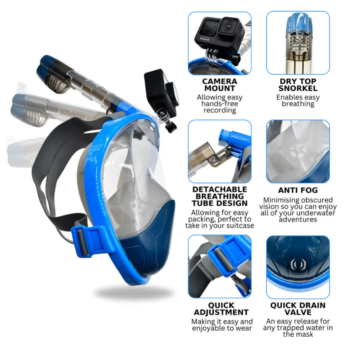 Adult Full Face Snorkelling Mask - Blue/Grey