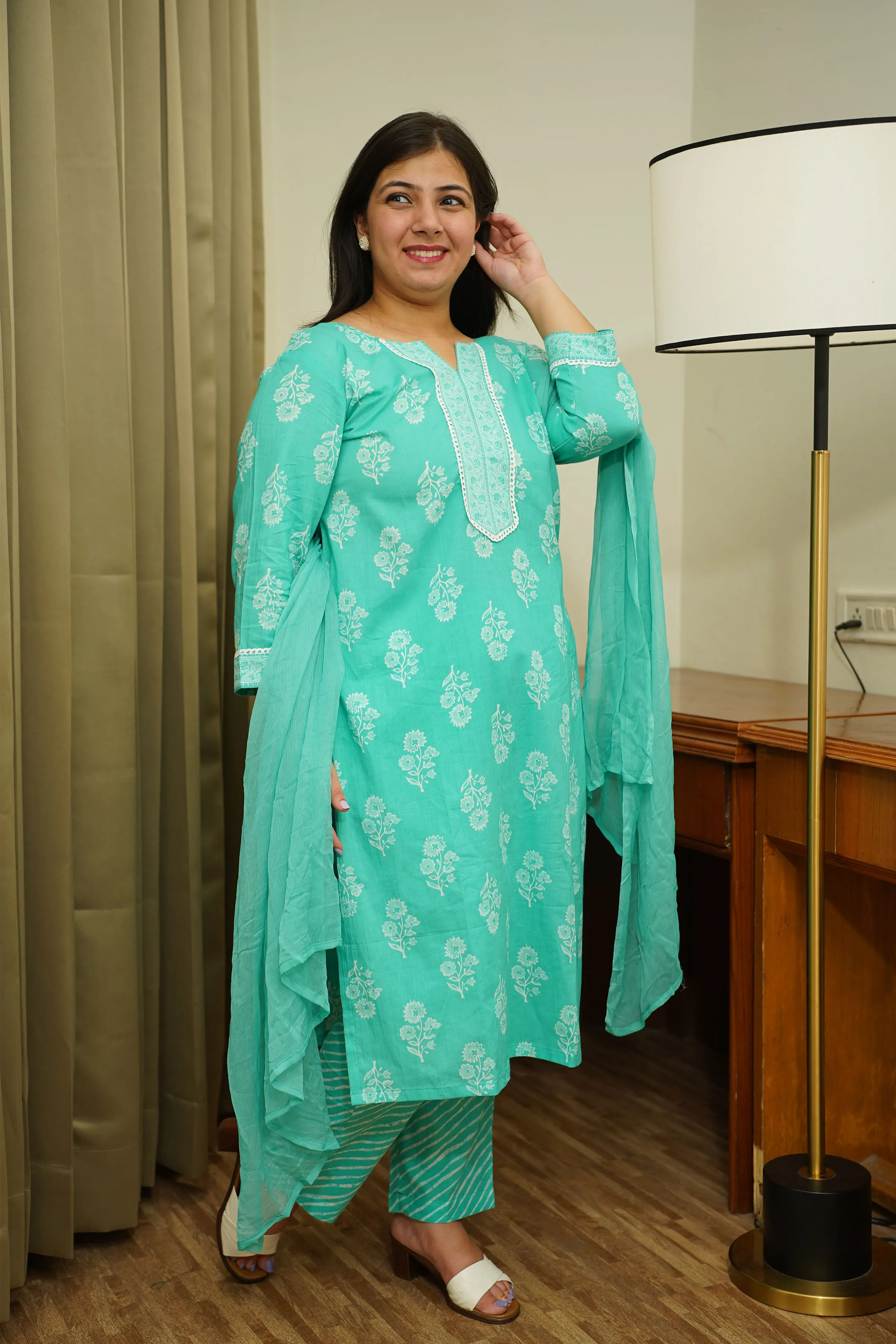 Aqua Green Block Printed Suit Set