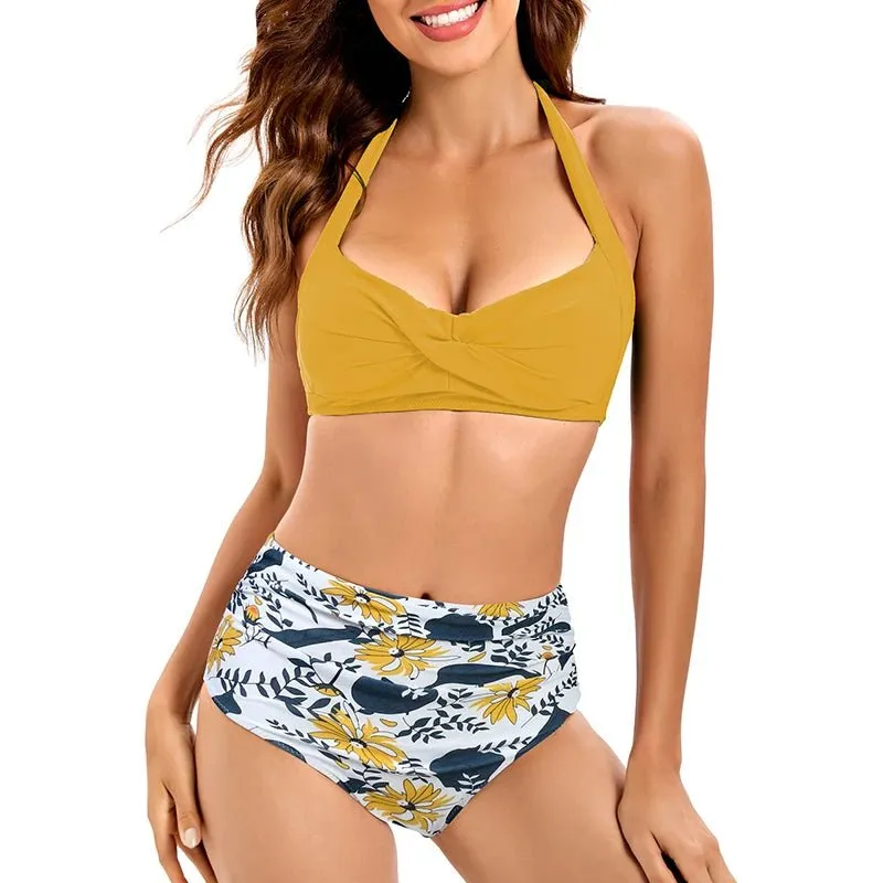 Bikini Set Ruched Swimwear Women Print Swimsuit Push Up High Waist Bikinis Plus Size Bathing Suit Beachwear