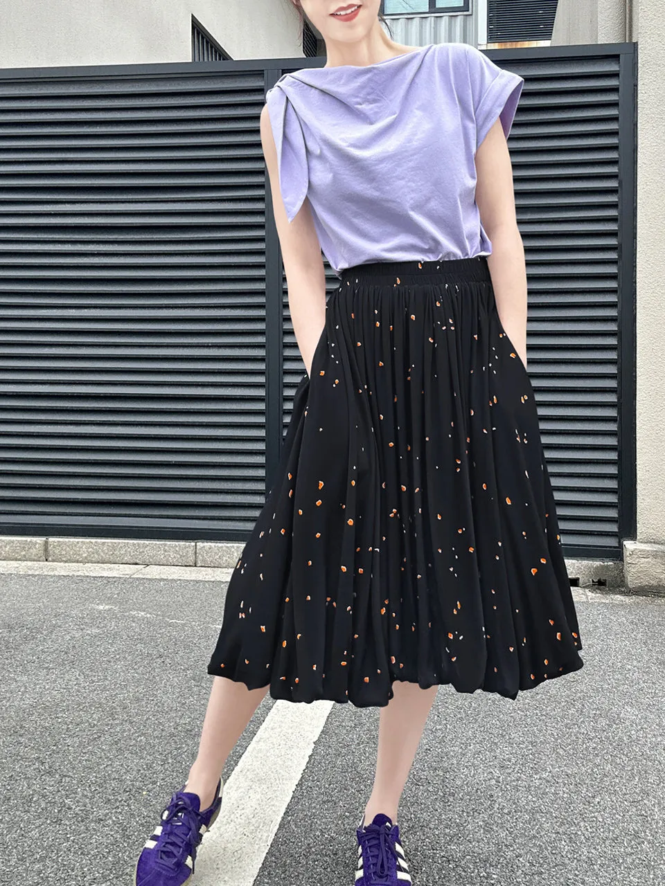 Black Print Elastic Waist Knee Length Balloon Skirt