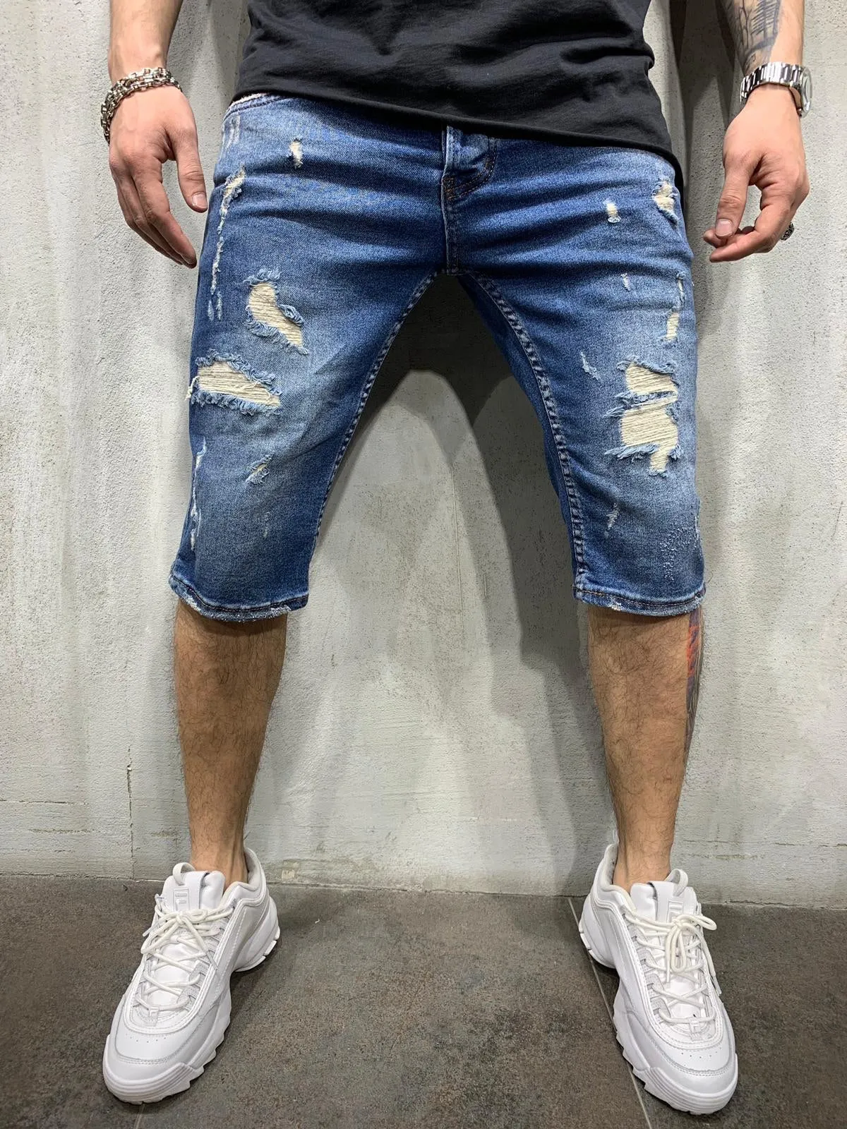 Blue Ripped Long Jeans Short AY442 Streetwear Mens Shorts