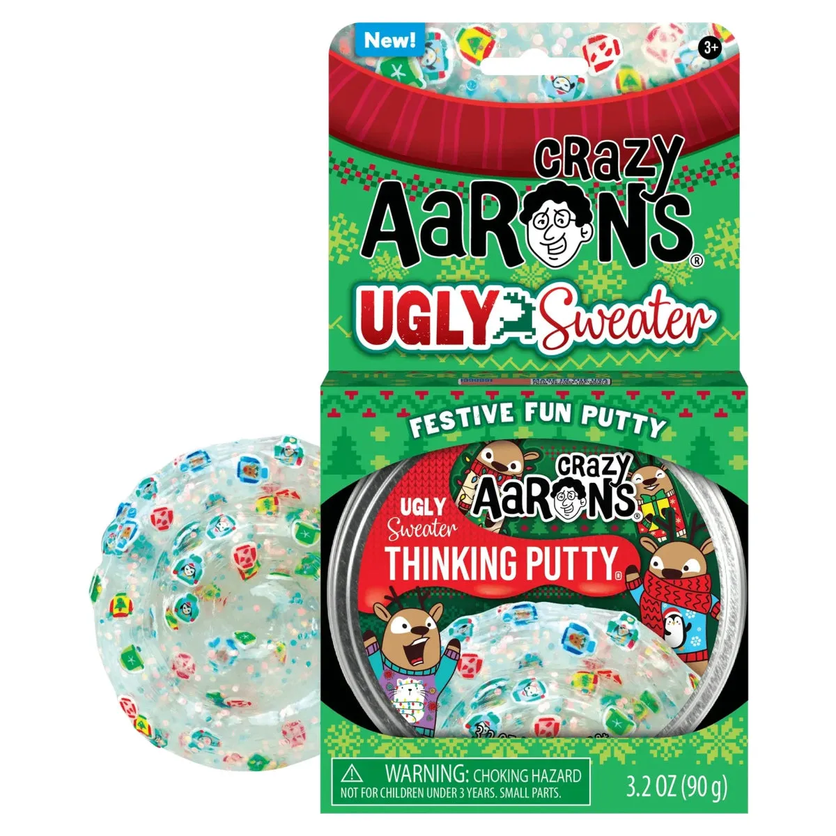 Crazy Aarons Ugly Sweater Full Size 4 Inch Christmas Thinking Putty Tin