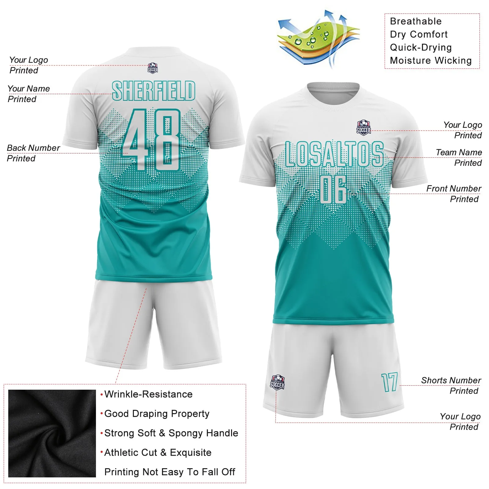 Custom Aqua White Sublimation Soccer Uniform Jersey