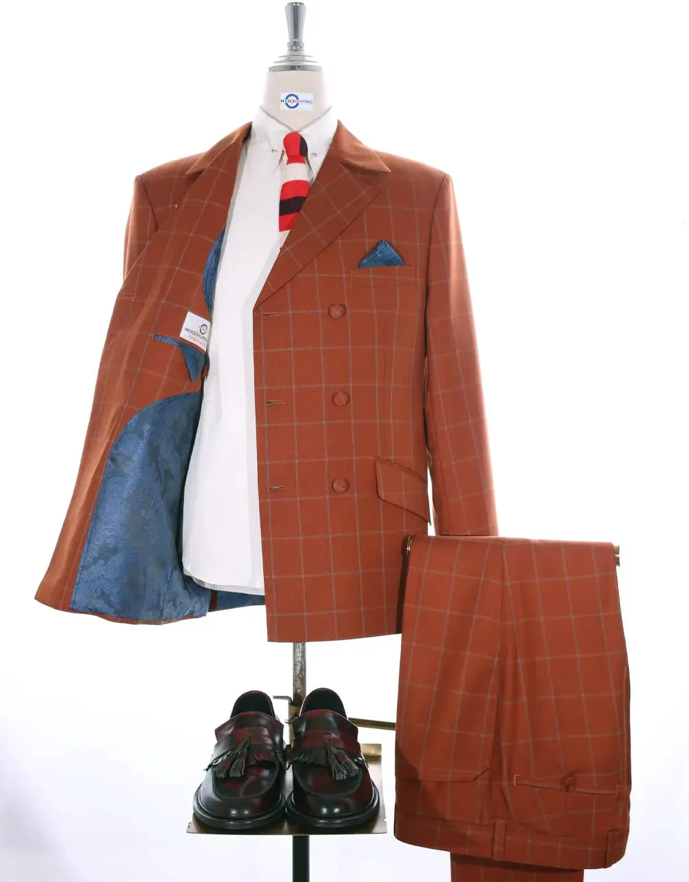 Double Breasted Suit | Orange Windowpane Suit