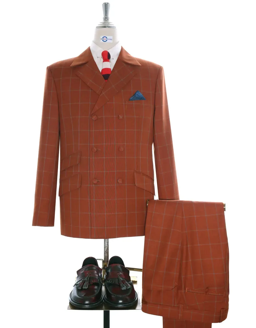 Double Breasted Suit | Orange Windowpane Suit