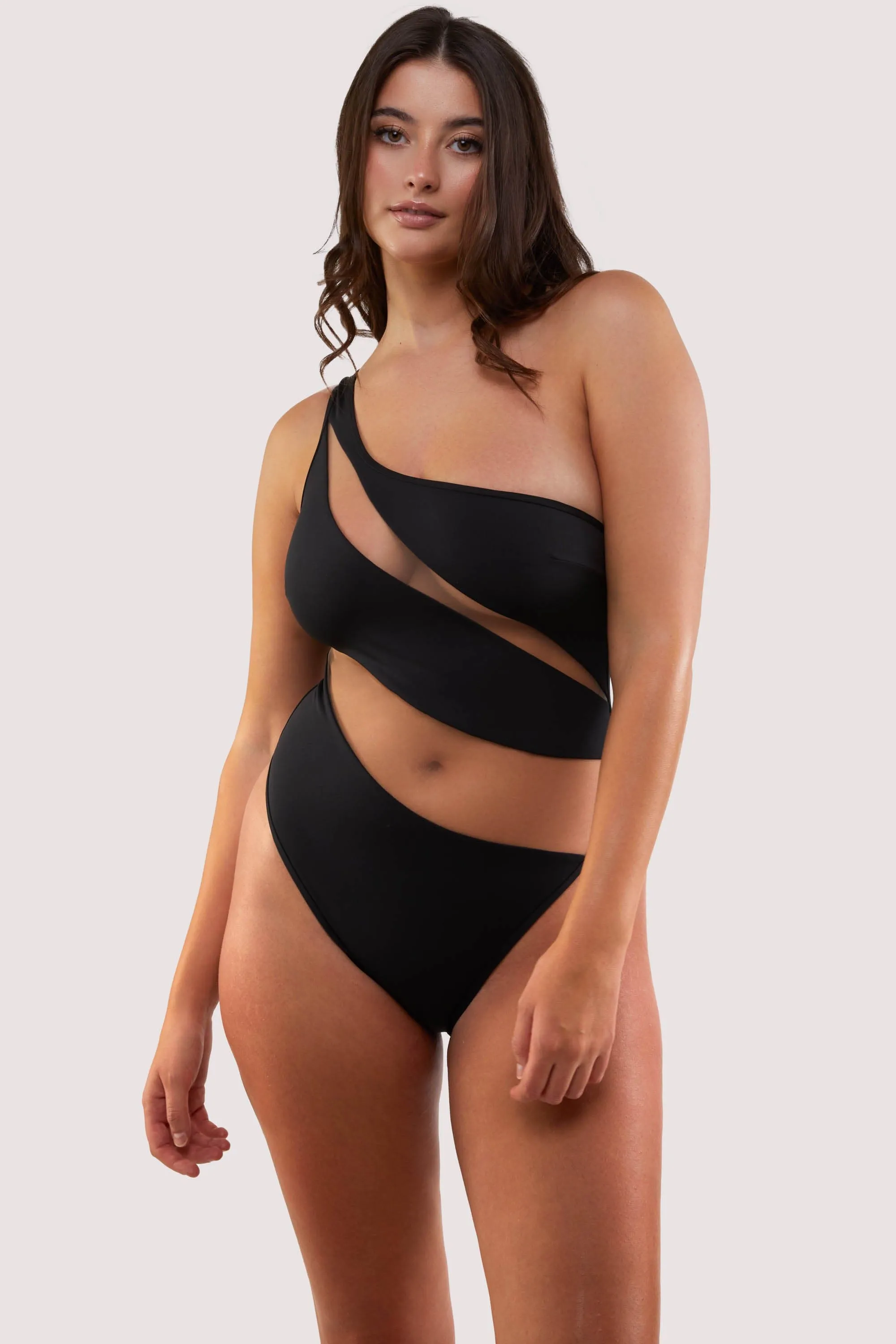 Eloise Fuller Bust Black Asymmetric Swimsuit with Nude Mesh Inserts