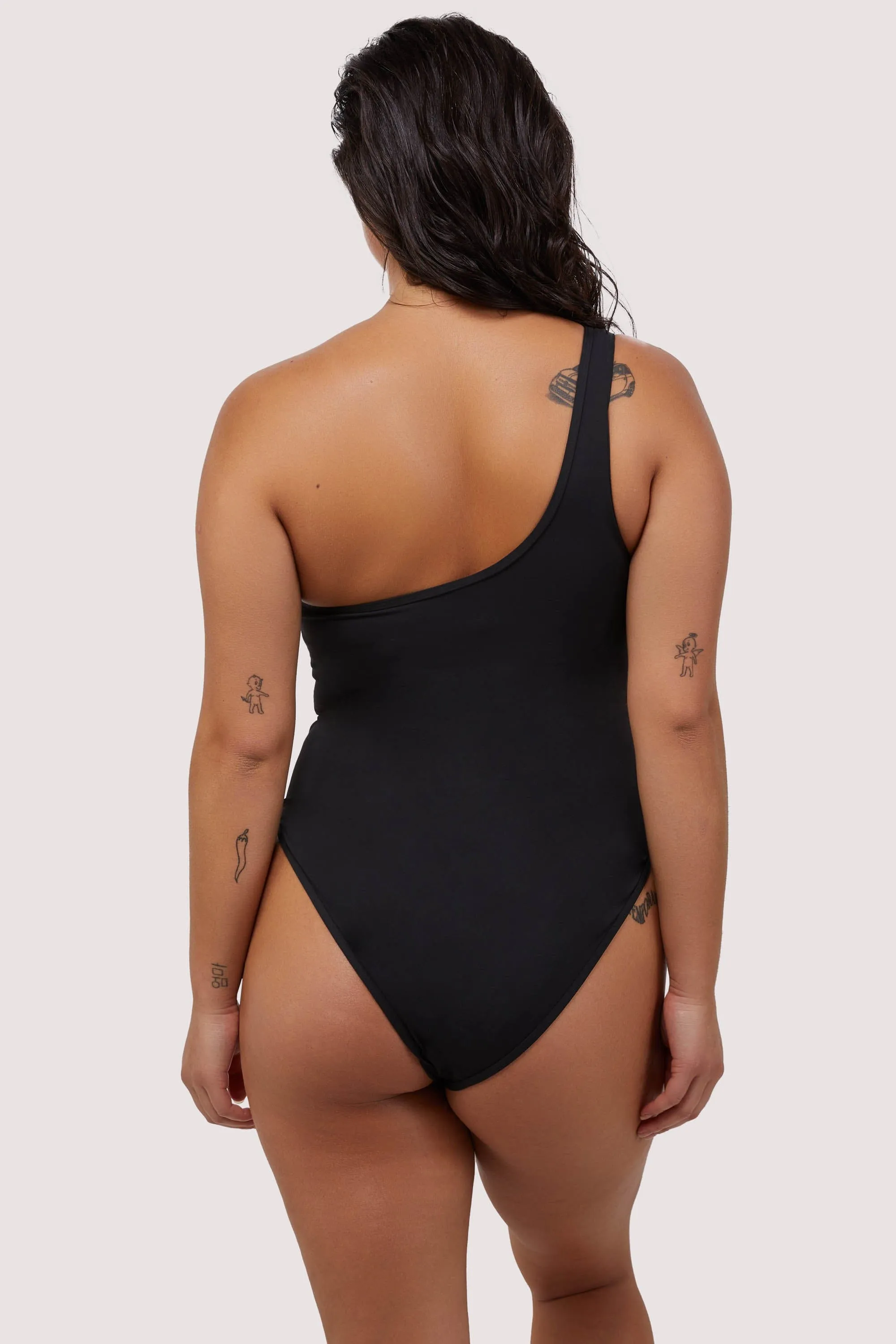 Eloise Fuller Bust Black Asymmetric Swimsuit with Nude Mesh Inserts