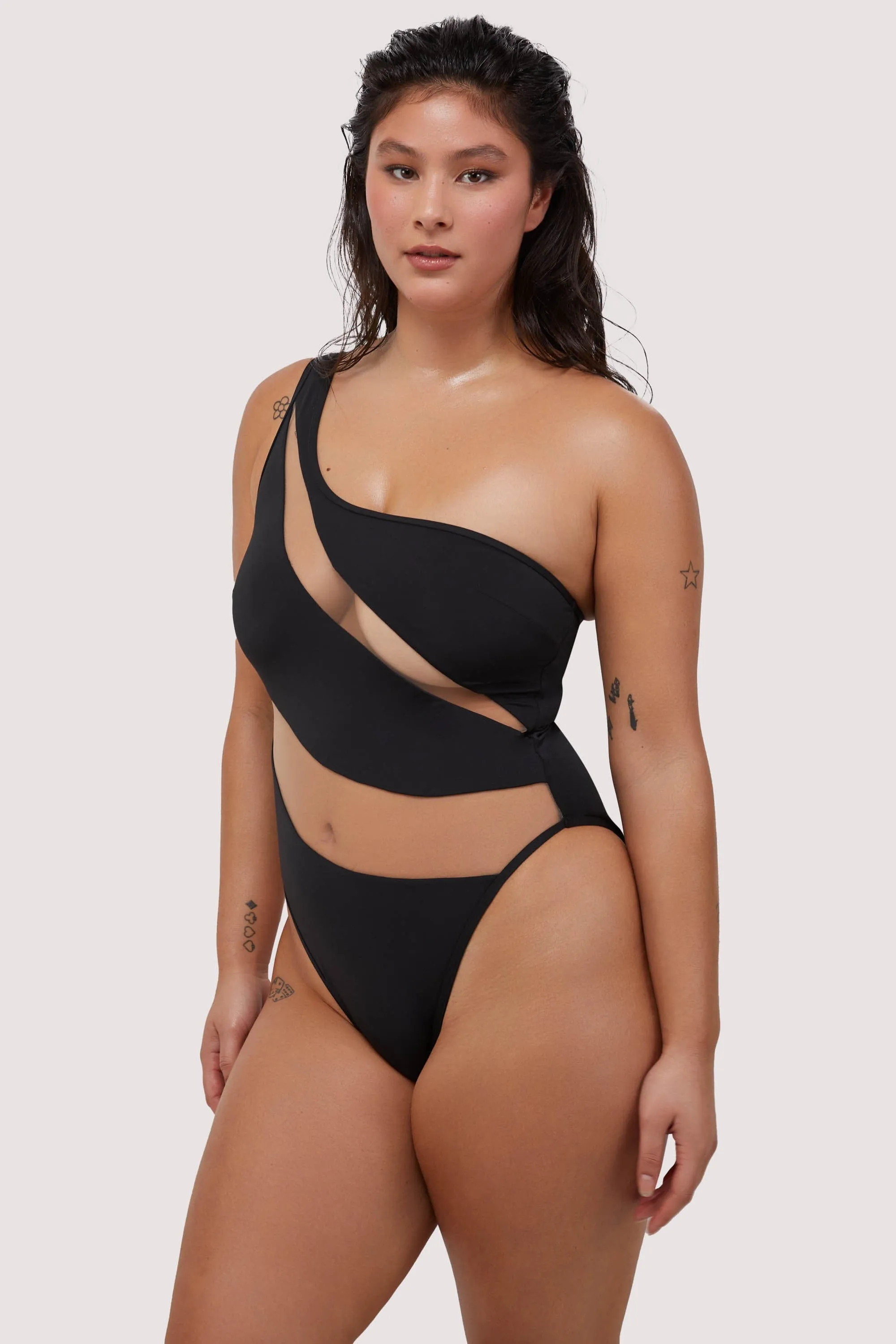 Eloise Fuller Bust Black Asymmetric Swimsuit with Nude Mesh Inserts