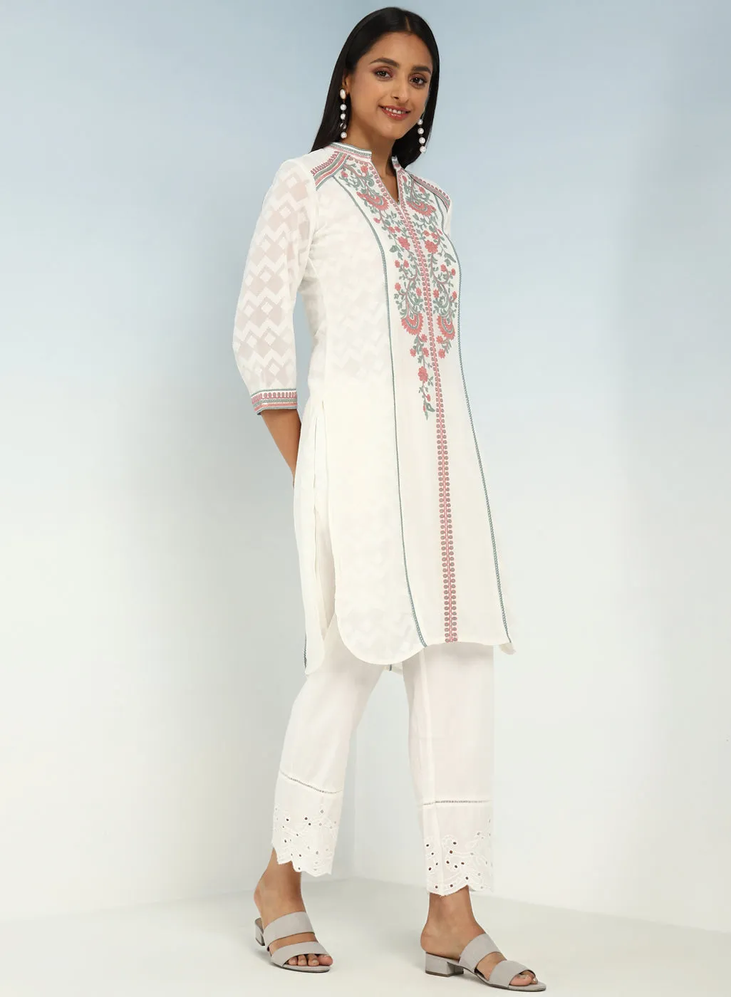 Ivory Embroidery Knee Length Kurti