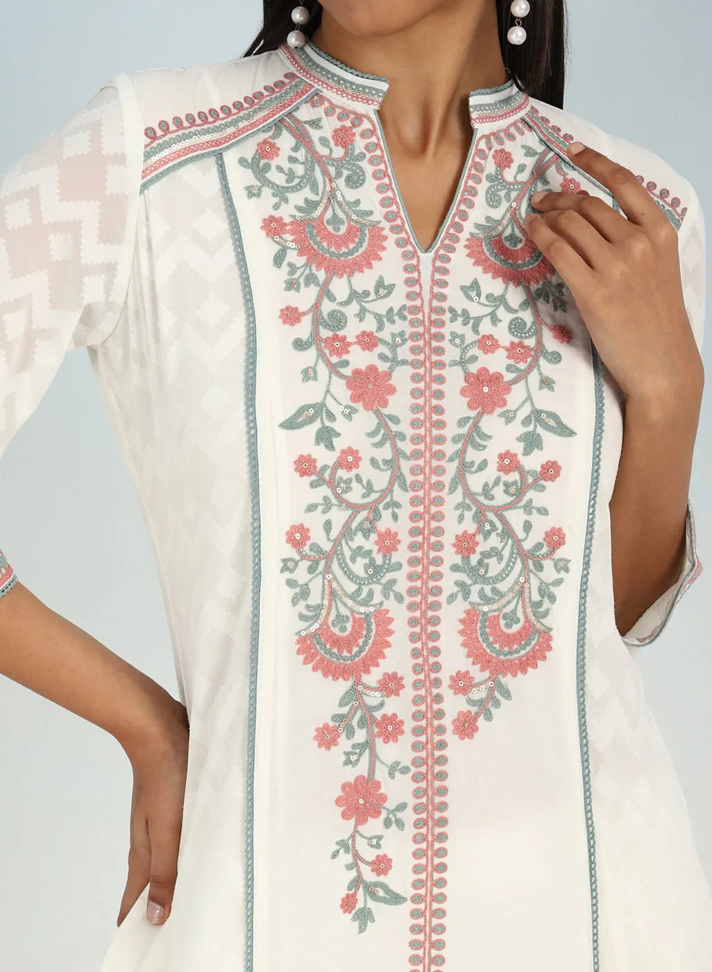 Ivory Embroidery Knee Length Kurti