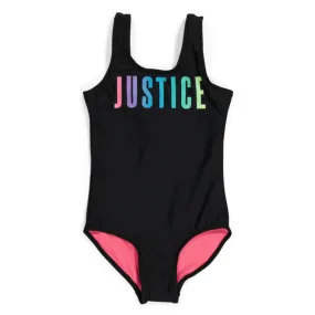 JUSTICE Girl's UPF 50  Rainbow Colorful Logo Graphic Print One-piece Swimsuit