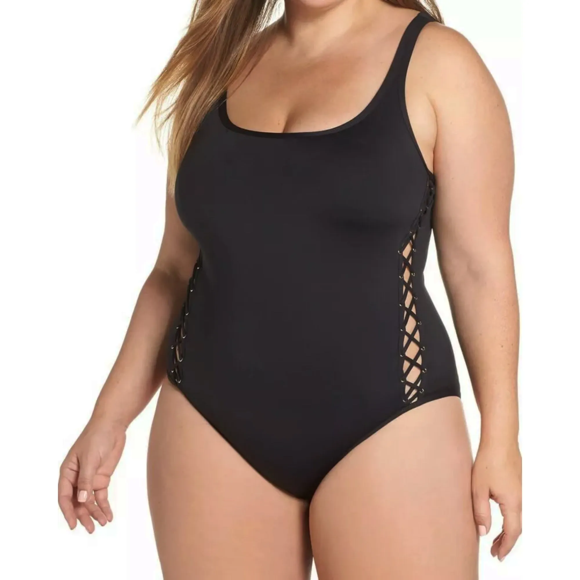 La Blanca Women's Plus Tummy Control Lace Up Sides One-piece Swimsuit