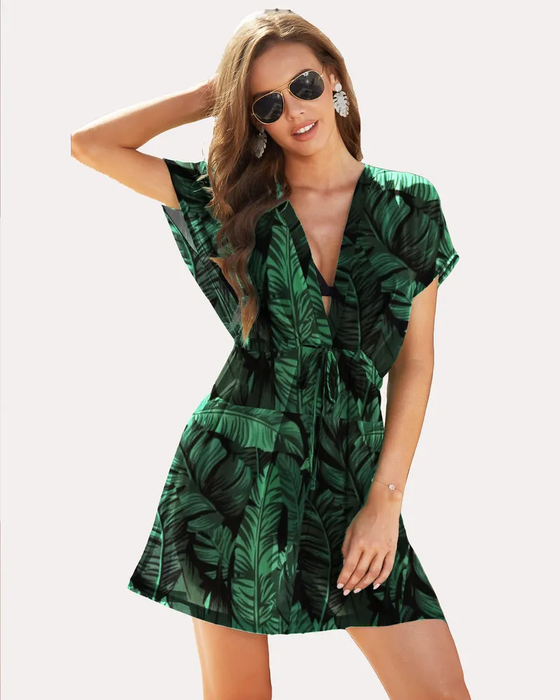 Leaf Print Chiffon Sheer Swimsuit