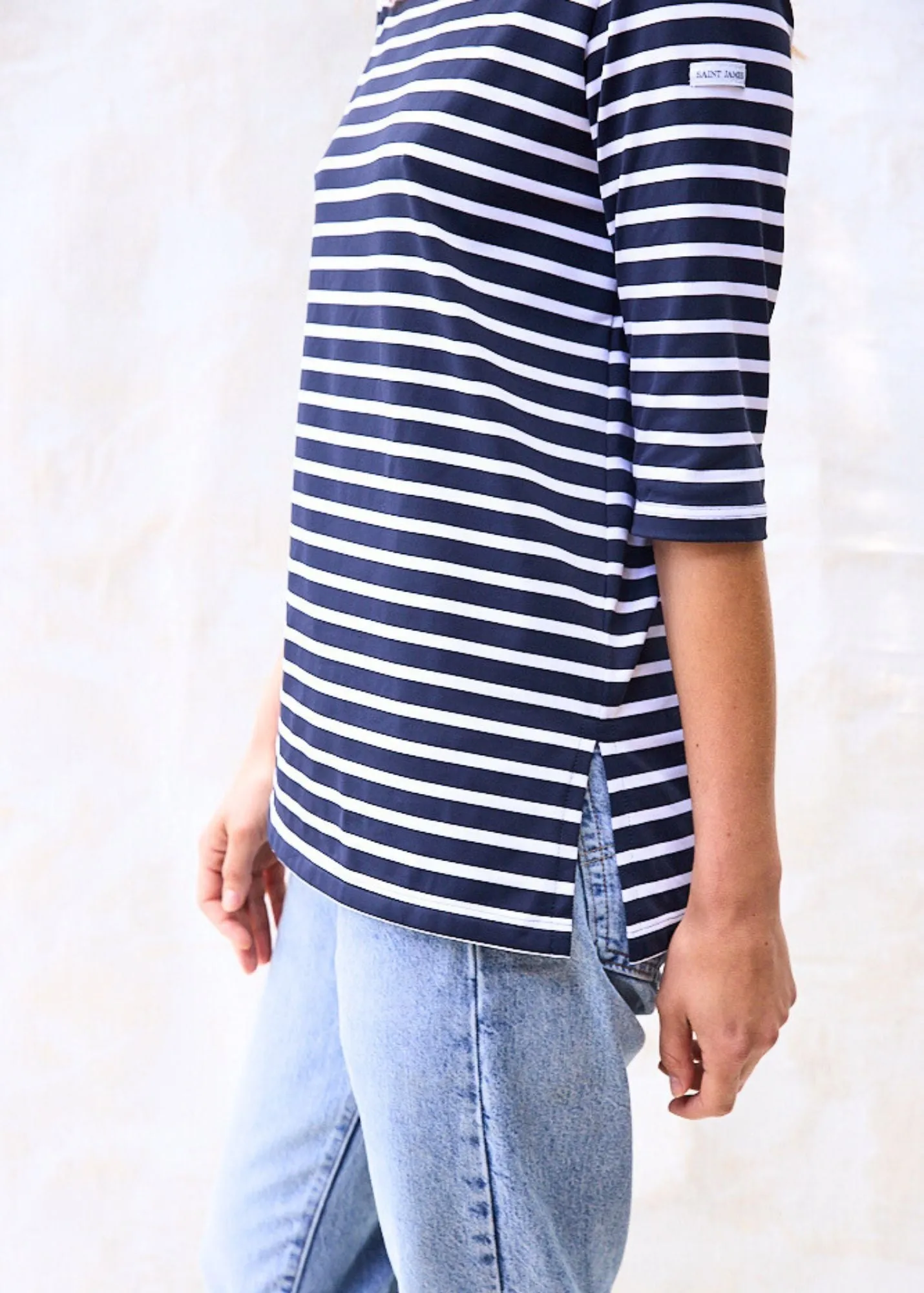 PHARE - Boat Neck Striped Tunic with Slits | Stretch fabric with UV Protection (NAVY / WHITE)