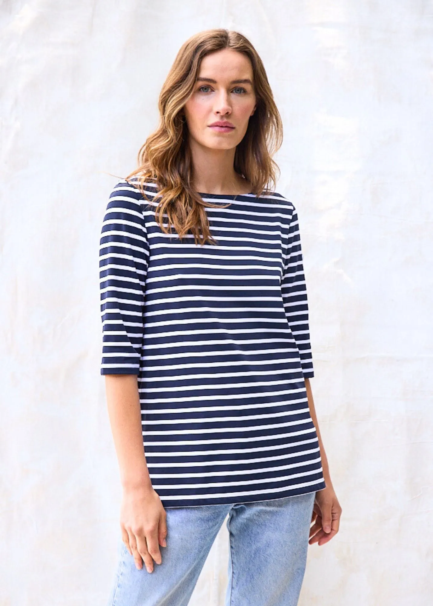 PHARE - Boat Neck Striped Tunic with Slits | Stretch fabric with UV Protection (NAVY / WHITE)