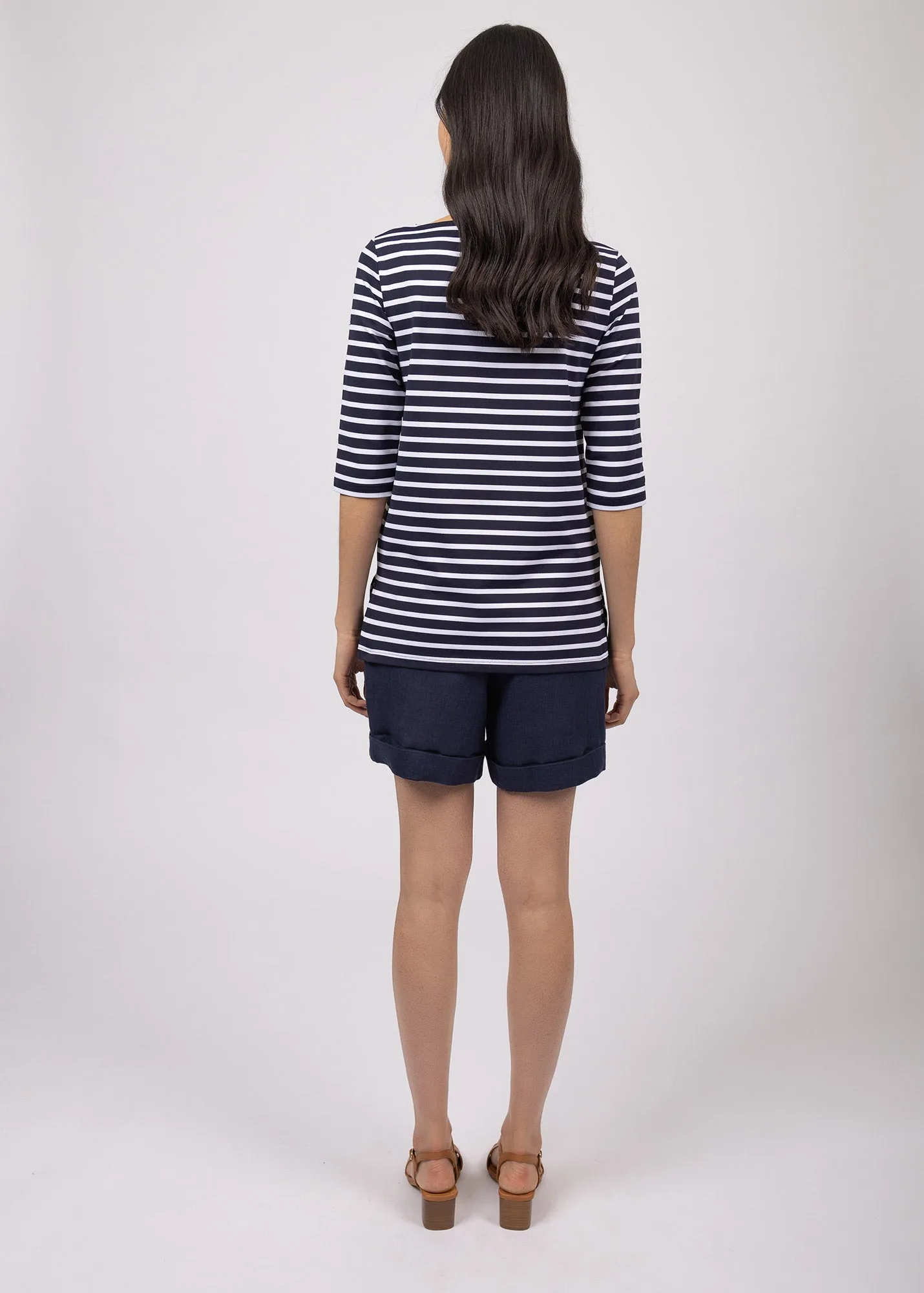 PHARE - Boat Neck Striped Tunic with Slits | Stretch fabric with UV Protection (NAVY / WHITE)