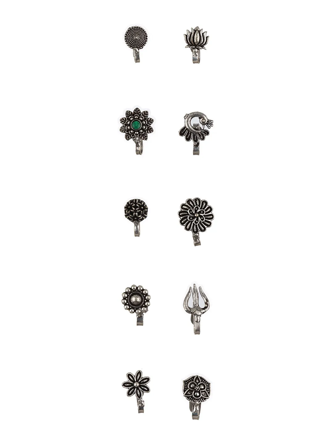 Set Of 10 Silver-Plated Oxidised Stone Studded Nose Pins