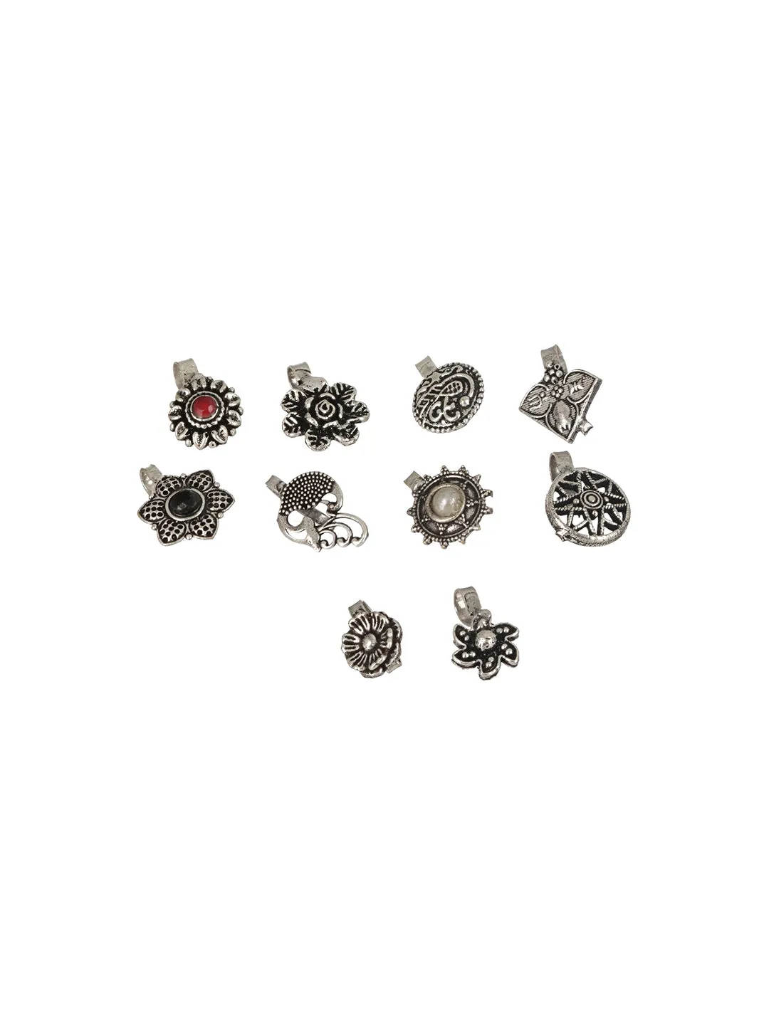 Set Of 10 Silver-Plated Oxidised Stone Studded Nose Pins