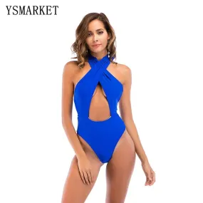 Sexy Lady Hanging Neck One-Piece Swimsuit - Solid Color - Womens Swimwear