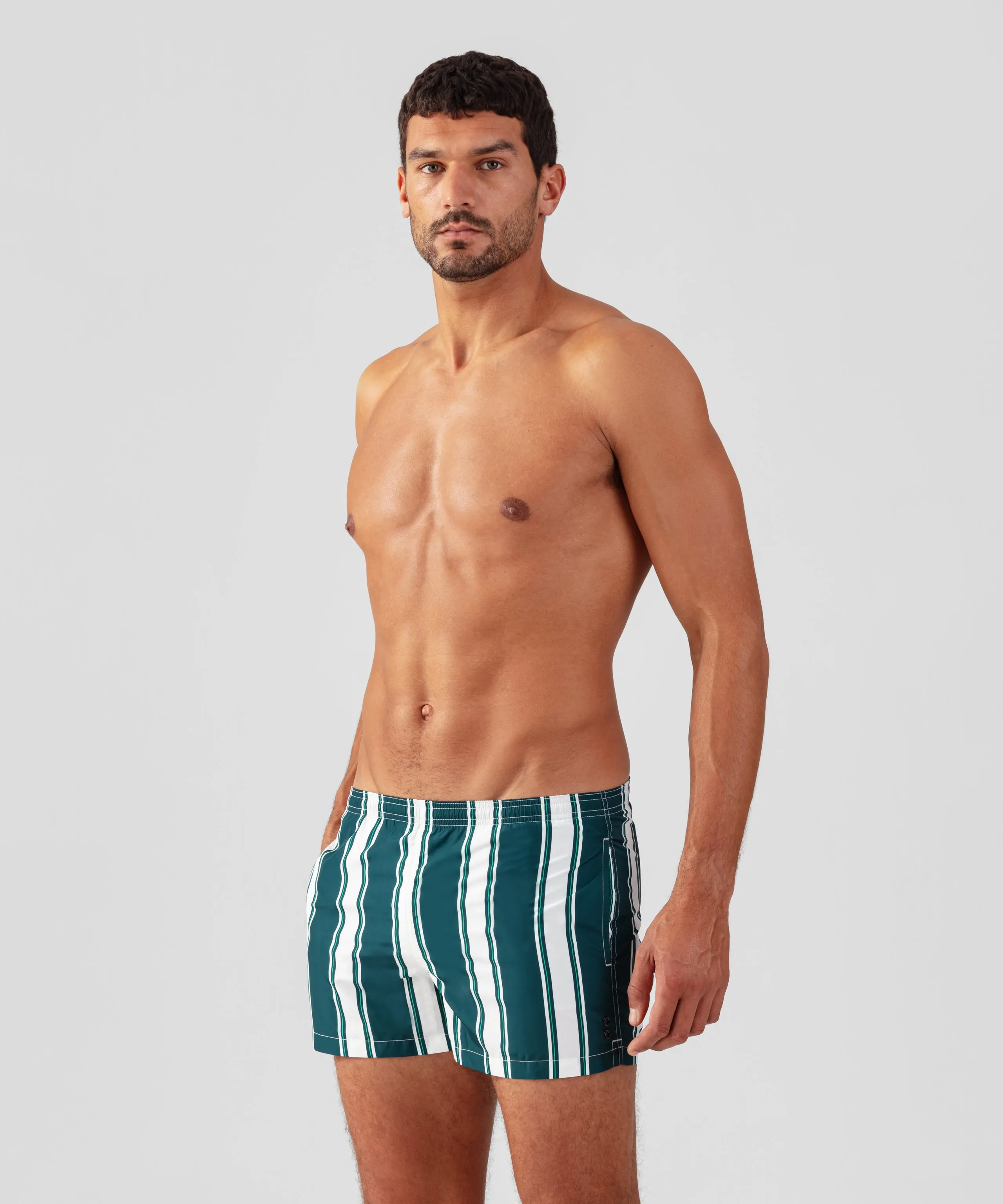 Swim Shorts w. Irregular Stripes: Pine Green/White