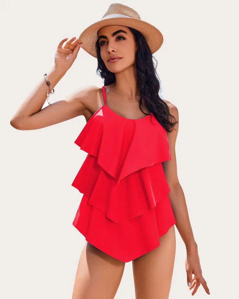 V-Neck Ruffle Layered Two Piece Swimsuits