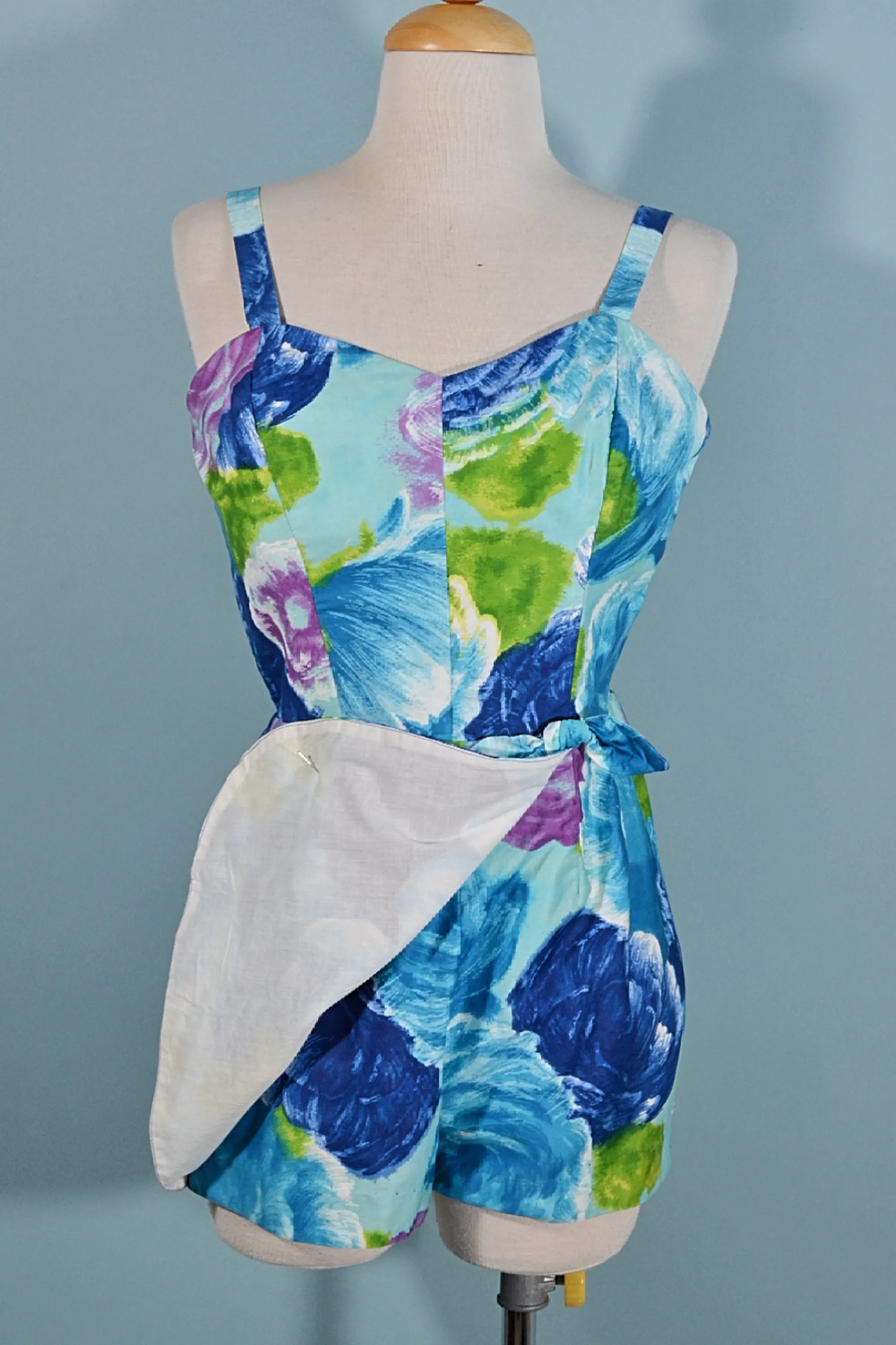 Vintage 50s Jay Hart Blue Floral One Piece Swimwear/Romper 27" Waist