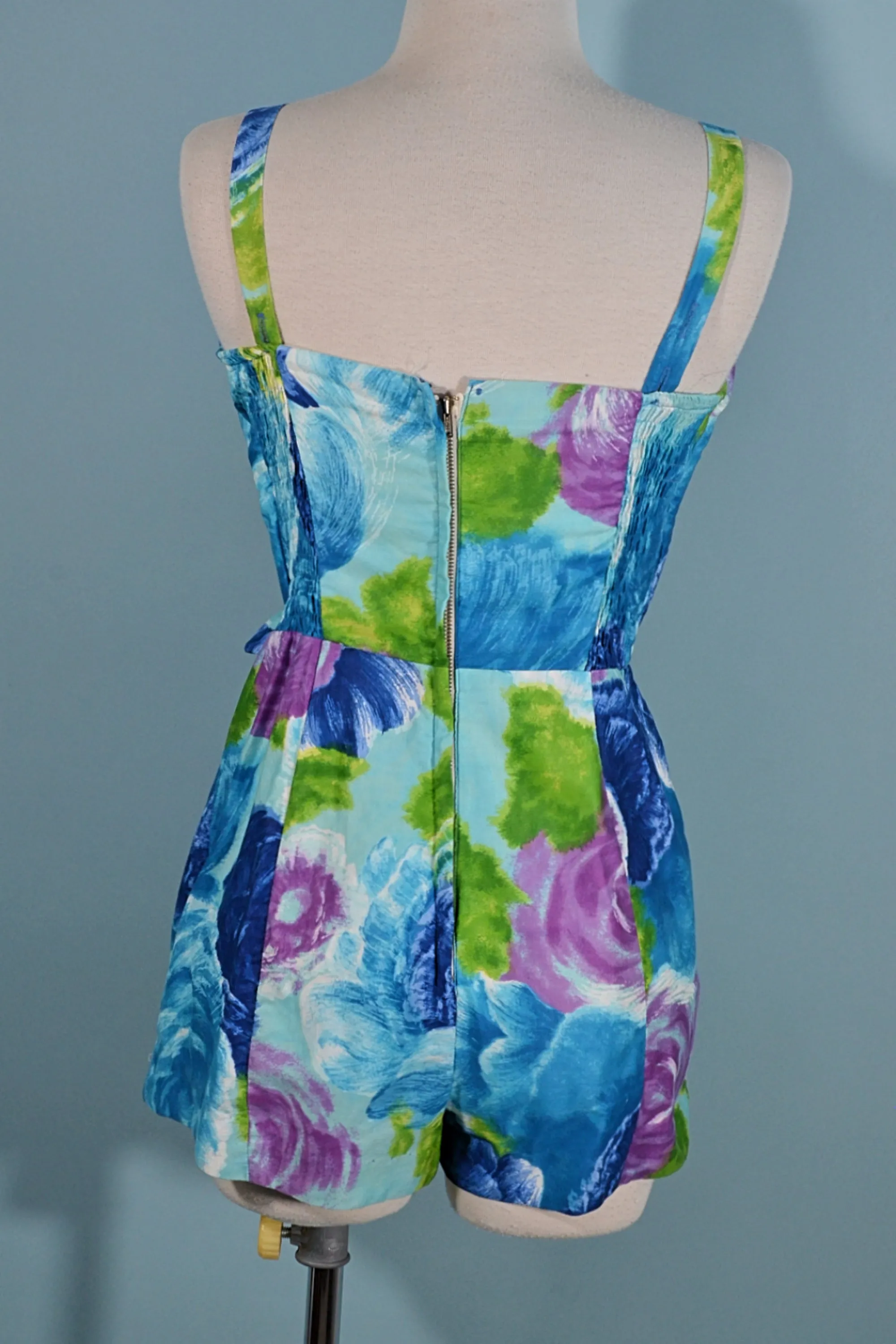 Vintage 50s Jay Hart Blue Floral One Piece Swimwear/Romper 27" Waist