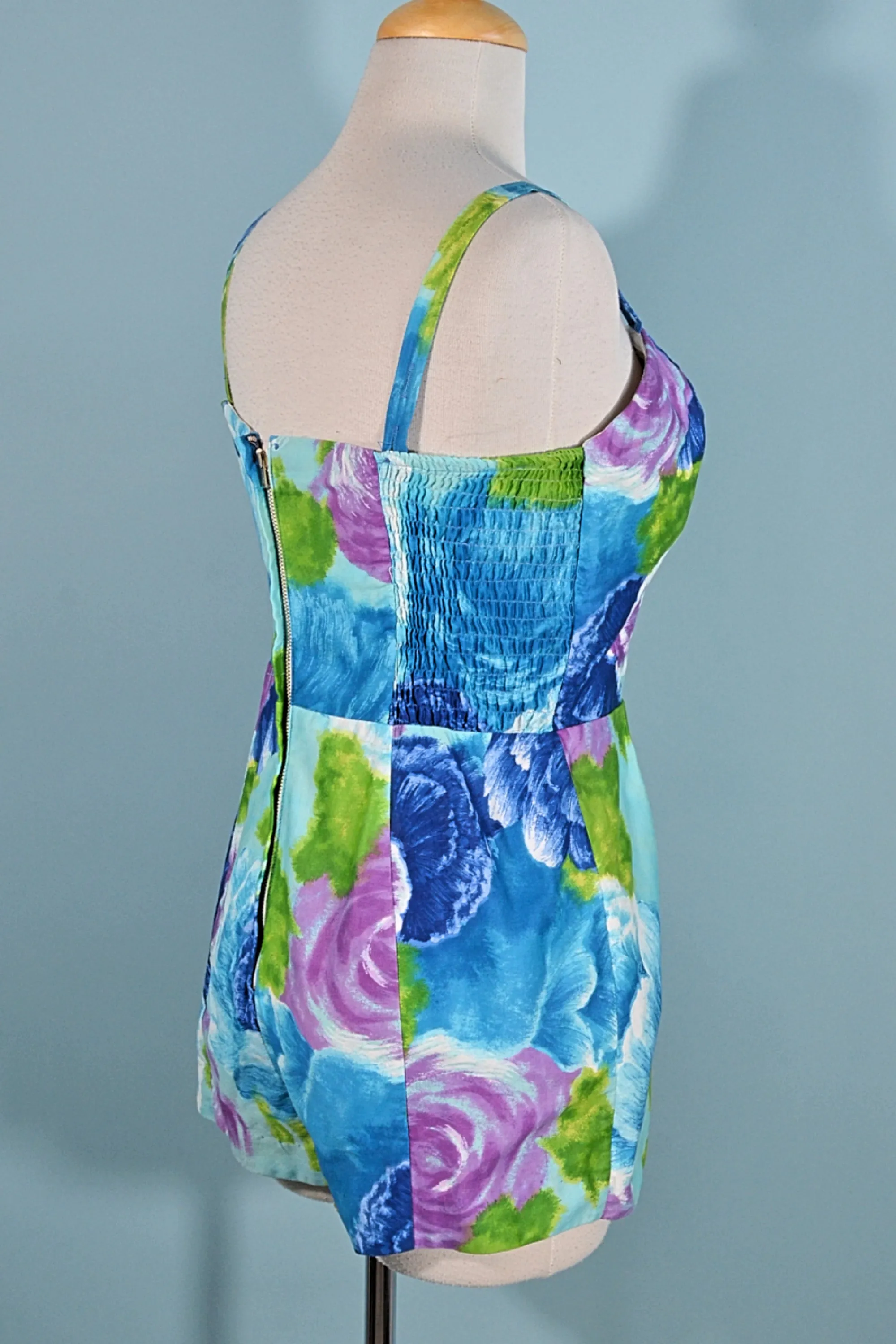 Vintage 50s Jay Hart Blue Floral One Piece Swimwear/Romper 27" Waist