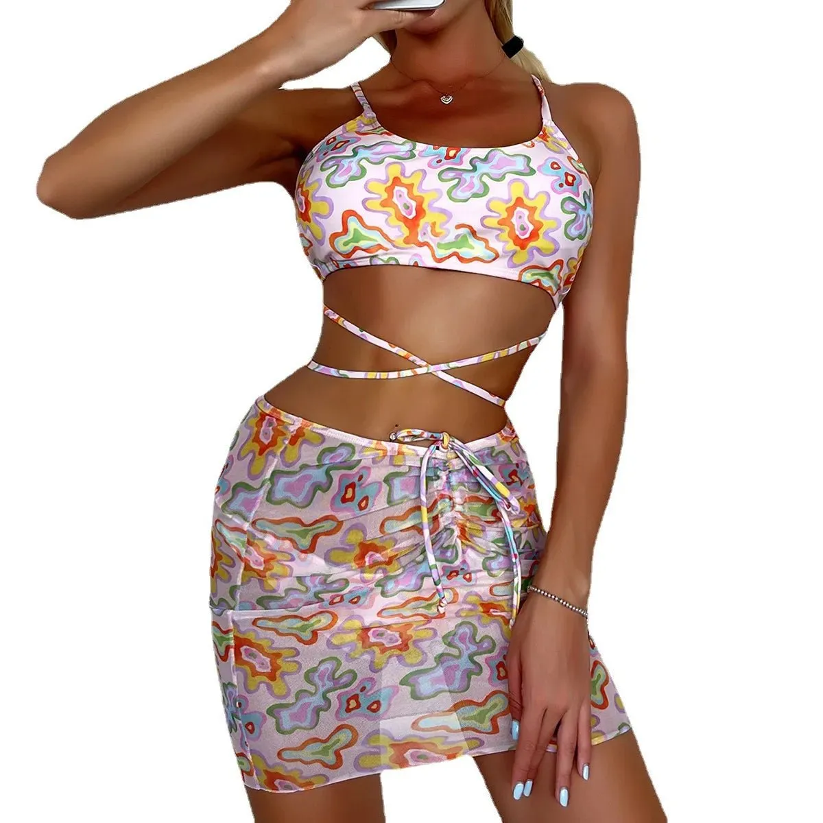 Women Swimwear High Waist Halter Logo Printed Swimwear in Turkey 3 Piece Bikini New Print Lace Up Swimsuit Cover Up