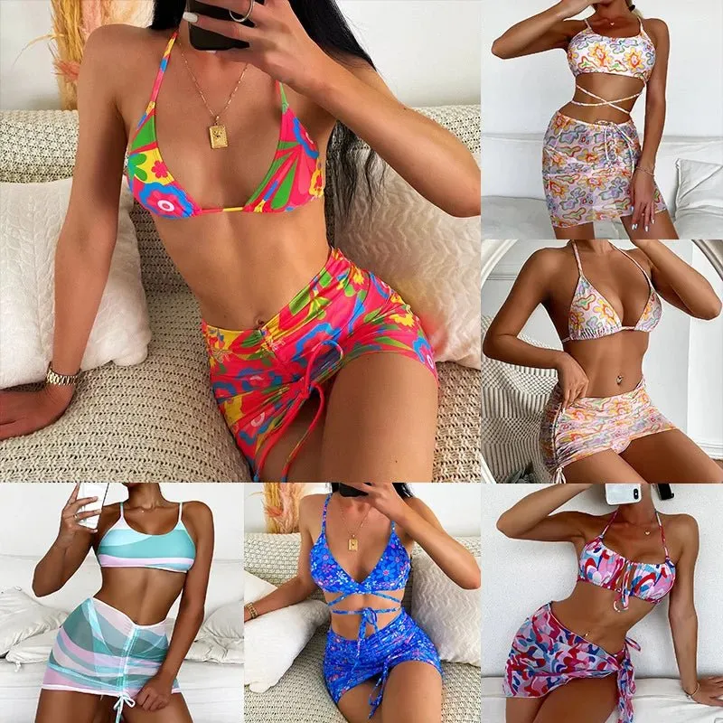 Women Swimwear High Waist Halter Logo Printed Swimwear in Turkey 3 Piece Bikini New Print Lace Up Swimsuit Cover Up