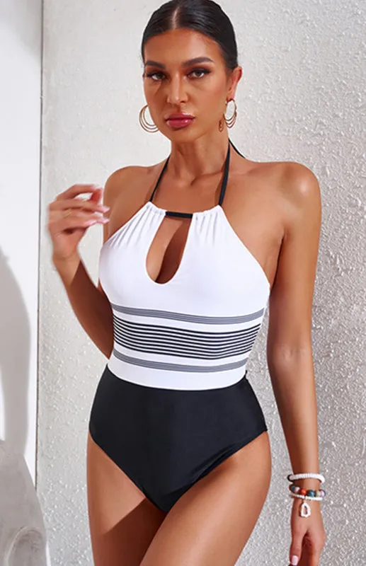 Women's Black & White Cut Out One Piece Swimsuit