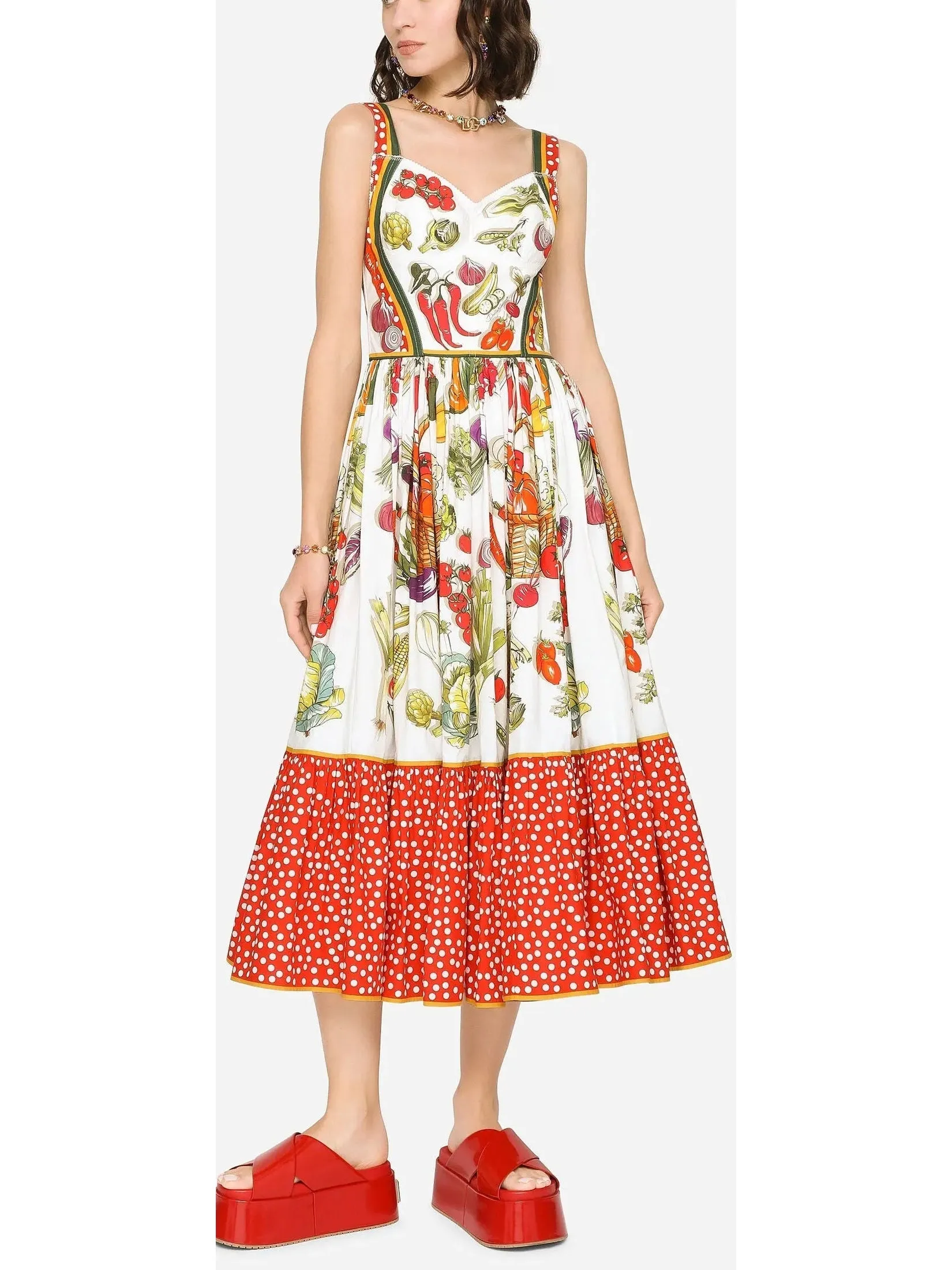 Women’s Calf-Length Bustier Dress in Vegetable-Print Poplin