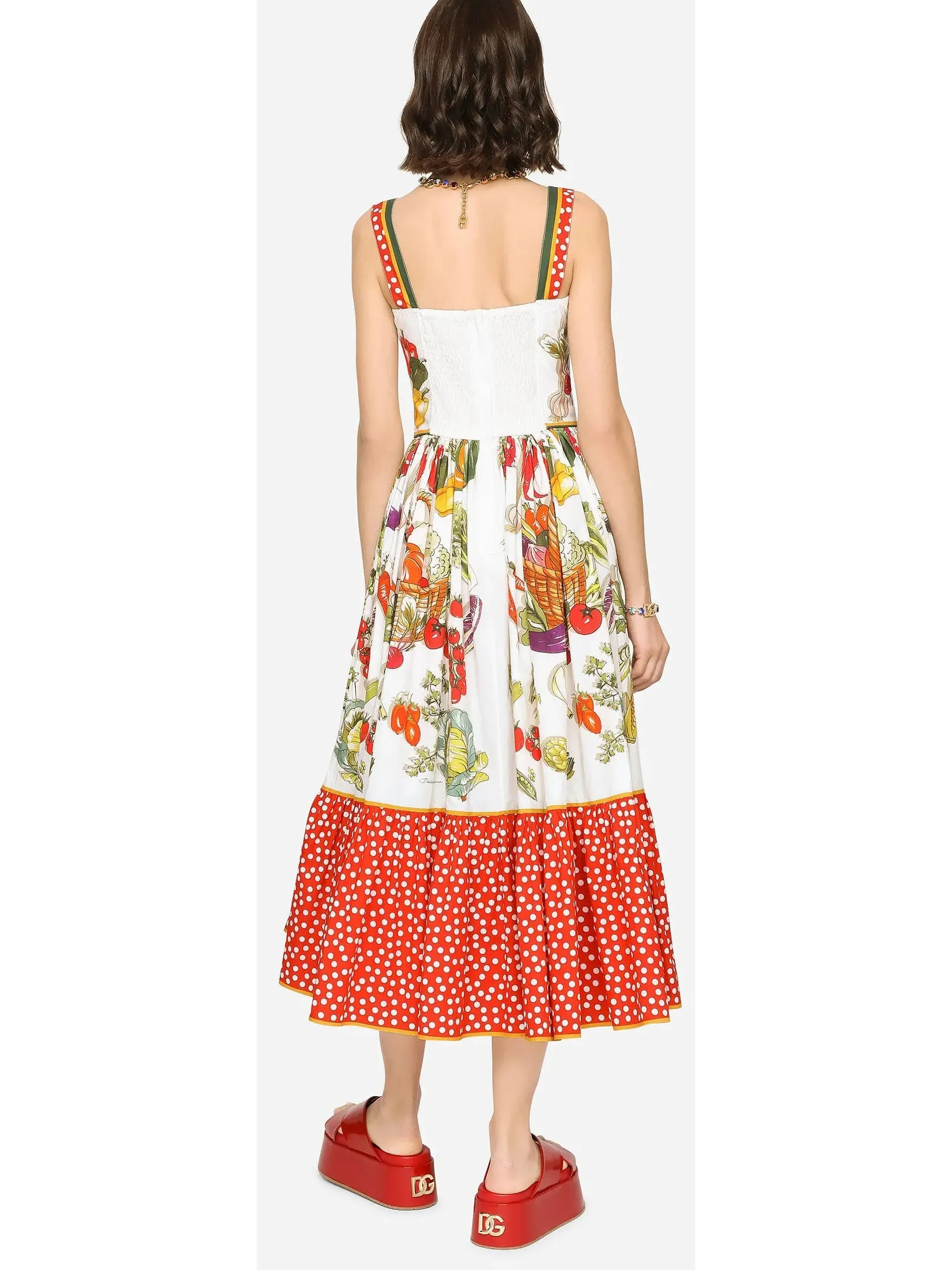 Women’s Calf-Length Bustier Dress in Vegetable-Print Poplin