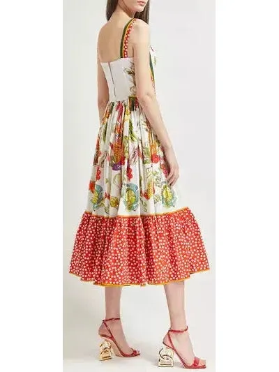 Women’s Calf-Length Bustier Dress in Vegetable-Print Poplin