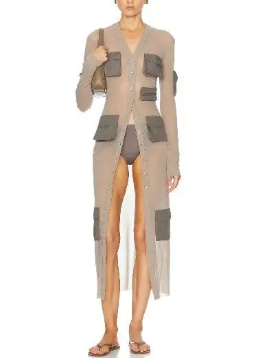 Women’s Cargo-Pocket Long Sheer Cardigan Dress in Gray