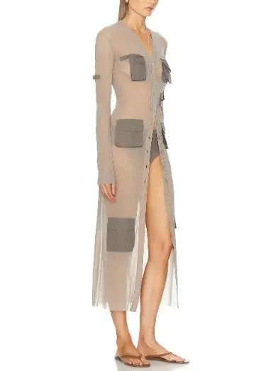 Women’s Cargo-Pocket Long Sheer Cardigan Dress in Gray