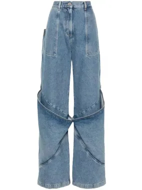 Women’s Draped Knee Washed Denim Wide-Leg Jeans