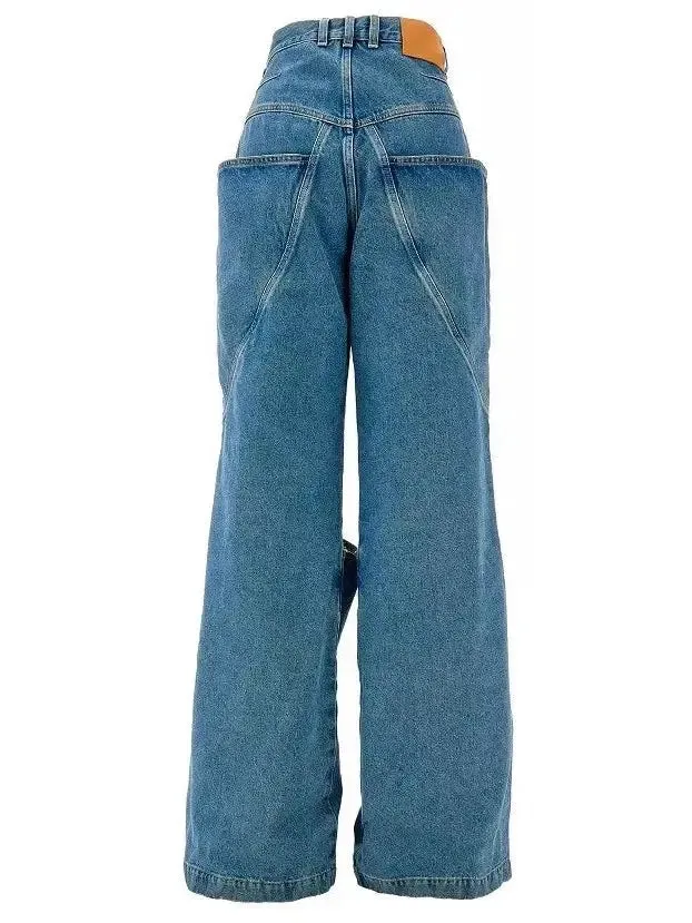 Women’s Draped Knee Washed Denim Wide-Leg Jeans